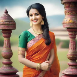 A beautiful Indian girl wearing a traditional saree, standing gracefully with a serene smile on her face