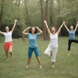 A humorous scene of wellness retreat where participants are cheerfully engaging in quirky exercises, surrounded by a serene natural environment.