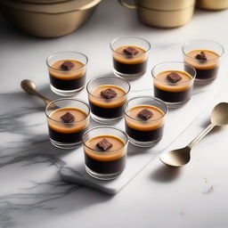 A visually stunning and cinematic illustration featuring 12 transparent rounded short cups filled with rich dark brown Kuwaiti wheat Halwa dessert set on a rich marble table