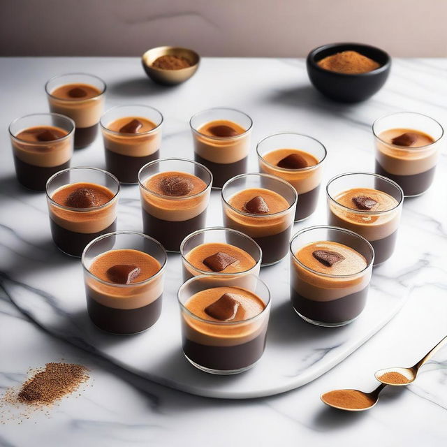 A visually stunning and cinematic illustration featuring 12 transparent rounded short cups filled with rich dark brown Kuwaiti wheat Halwa dessert set on a rich marble table