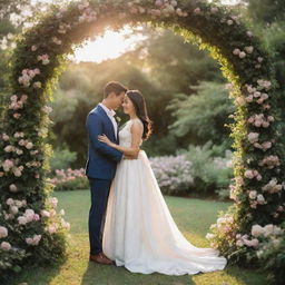 A romantic pre-wedding photoshoot in a serene garden. The couple is happily engaged in a candid moment, under an arch of beautiful flowers, with the sunset casting a warm, gentle light.