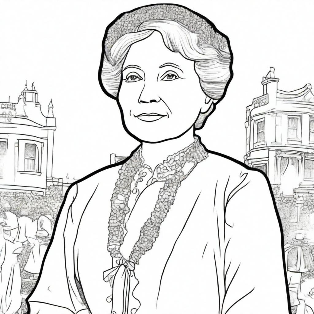 Create a coloring book page featuring Emmeline Pankhurst (1858-1928)