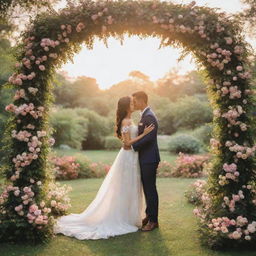 A romantic pre-wedding photoshoot in a serene garden. The couple is happily engaged in a candid moment, under an arch of beautiful flowers, with the sunset casting a warm, gentle light.