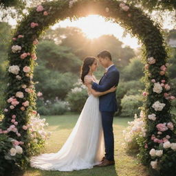 A romantic pre-wedding photoshoot in a serene garden. The couple is happily engaged in a candid moment, under an arch of beautiful flowers, with the sunset casting a warm, gentle light.