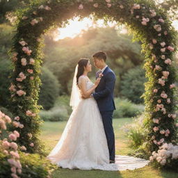 A romantic pre-wedding photoshoot in a serene garden. The couple is happily engaged in a candid moment, under an arch of beautiful flowers, with the sunset casting a warm, gentle light.