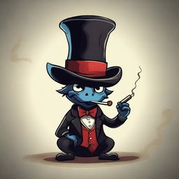 A small demon wearing a top hat and smoking a pipe