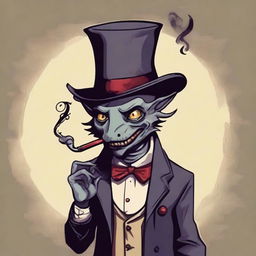 A small demon wearing a top hat and smoking a pipe