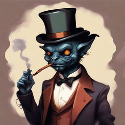 A small demon wearing a top hat and smoking a pipe