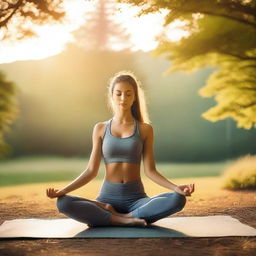 A serene image of a girl doing yoga in a peaceful outdoor setting, surrounded by nature with a gentle sunrise in the background