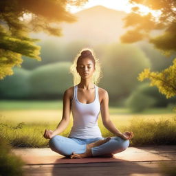 A serene image of a girl doing yoga in a peaceful outdoor setting, surrounded by nature with a gentle sunrise in the background