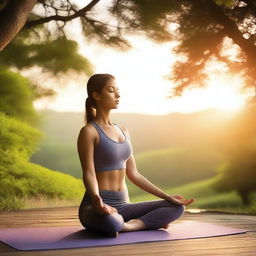 A serene image of a girl doing yoga in a peaceful outdoor setting, surrounded by nature with a gentle sunrise in the background