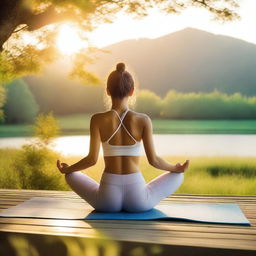 A serene image of a girl doing yoga in a peaceful outdoor setting, surrounded by nature with a gentle sunrise in the background