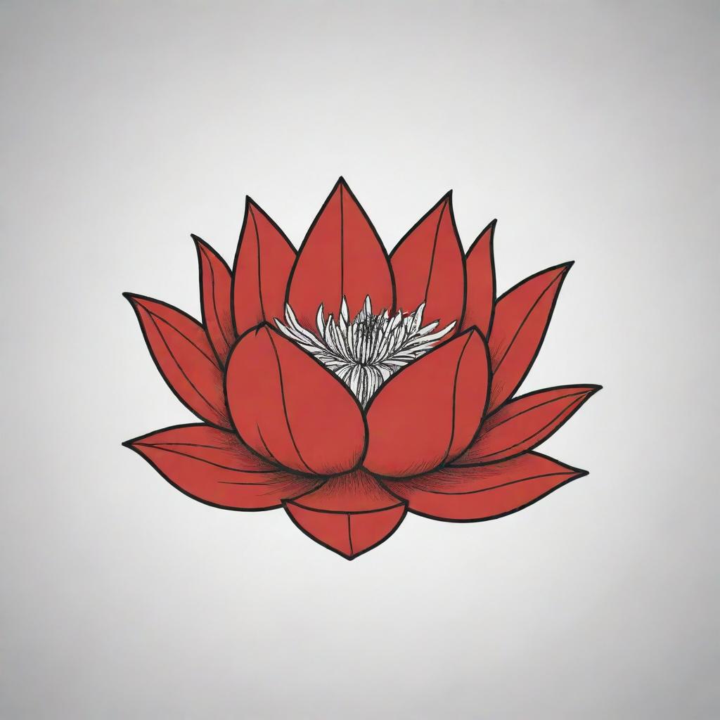 A unique tattoo design of a red lotus, done in a simple and minimalistic line drawing aesthetic.