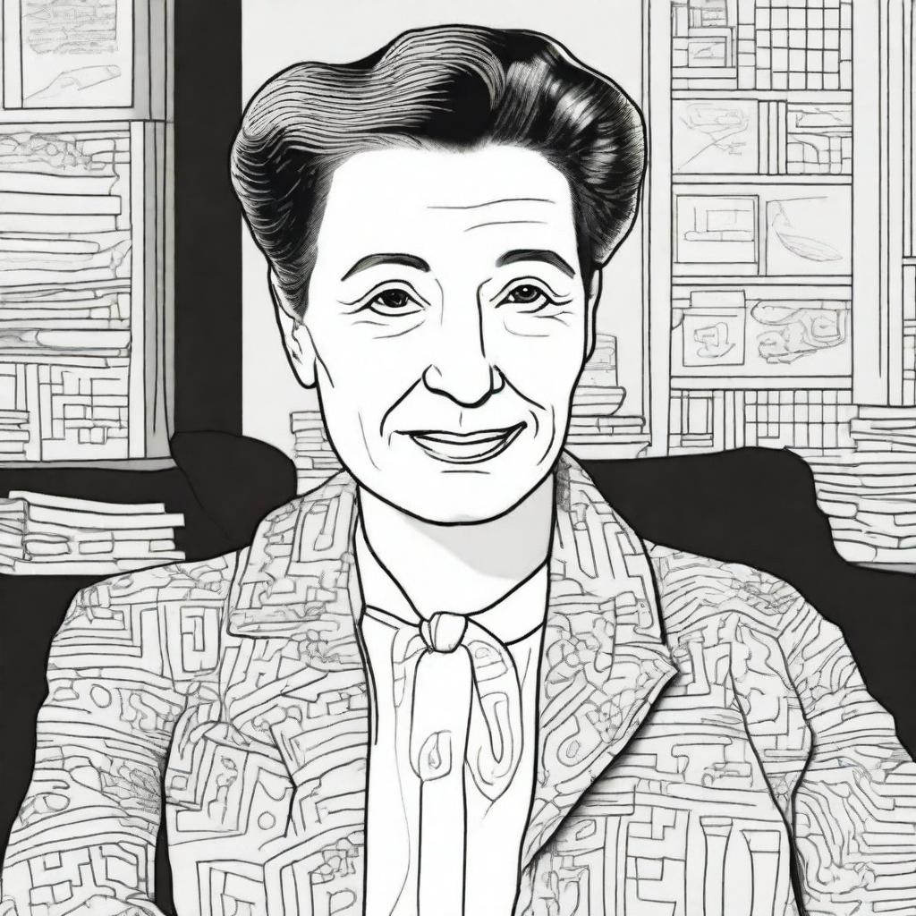 Create a detailed coloring book page featuring Simone de Beauvoir (1908-1986)