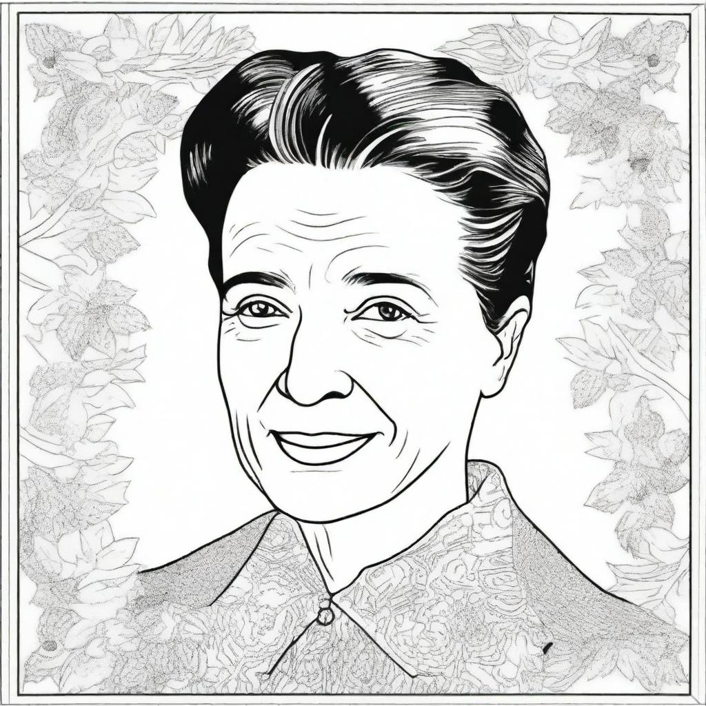 Create a detailed coloring book page featuring Simone de Beauvoir (1908-1986)