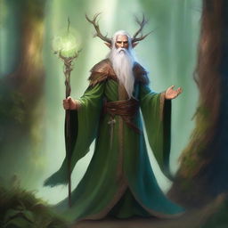 A detailed fantasy illustration of an Eladrin druid sorcerer, combining elements of nature magic and arcane power