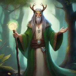 A detailed fantasy illustration of an Eladrin druid sorcerer, combining elements of nature magic and arcane power