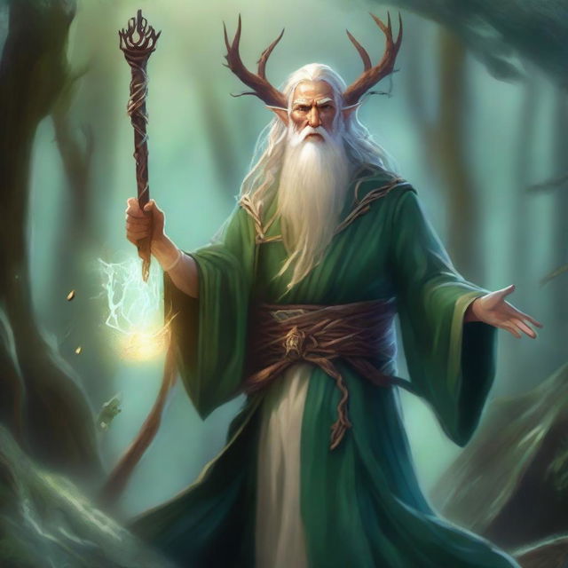 A detailed fantasy illustration of an Eladrin druid sorcerer, combining elements of nature magic and arcane power