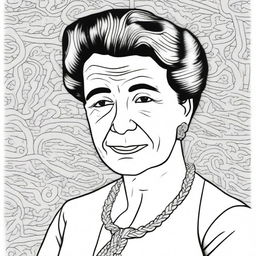 Create a coloring book page featuring Simone de Beauvoir (1908-1986) with a stunning background