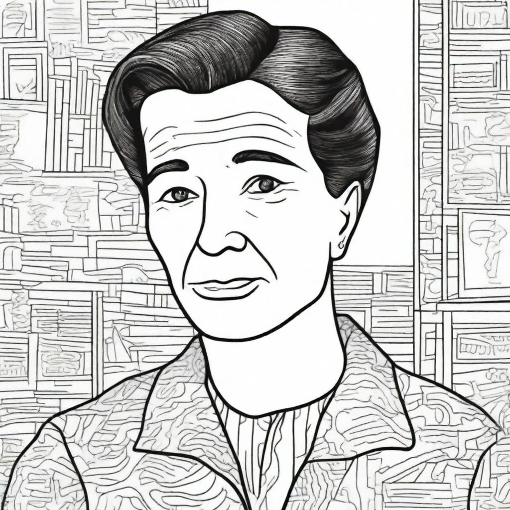 Create a coloring book page featuring Simone de Beauvoir (1908-1986) with a stunning background