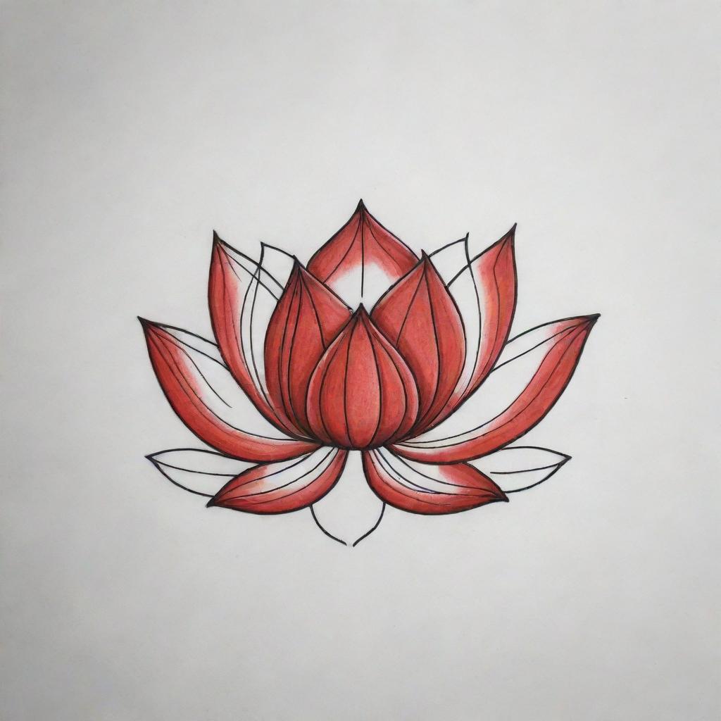 A unique tattoo design of a red lotus, done in a simple and minimalistic line drawing aesthetic.