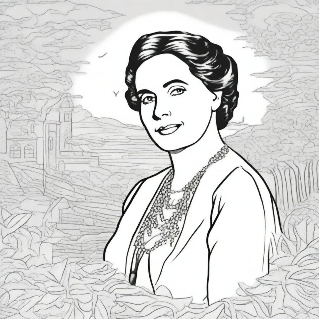 Create a coloring book page featuring Rebecca West (1892-1983) with a stunning background