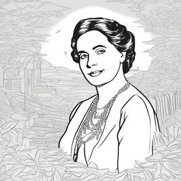 Create a coloring book page featuring Rebecca West (1892-1983) with a stunning background