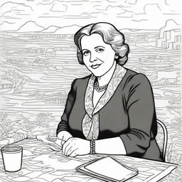 Create a coloring book page featuring Rebecca West (1892-1983) with a stunning background