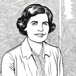 Create a coloring book page featuring Rebecca West (1892-1983) with a stunning background