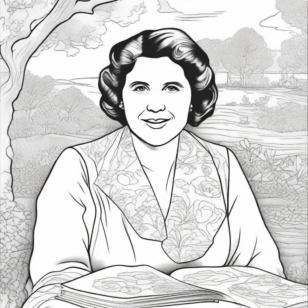 Create a coloring book page featuring Rebecca West (1892-1983) with a stunning background