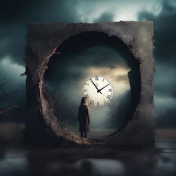 A glowing portal, two hands separated by a crack, a labyrinth, a broken clock, or a collage of realities