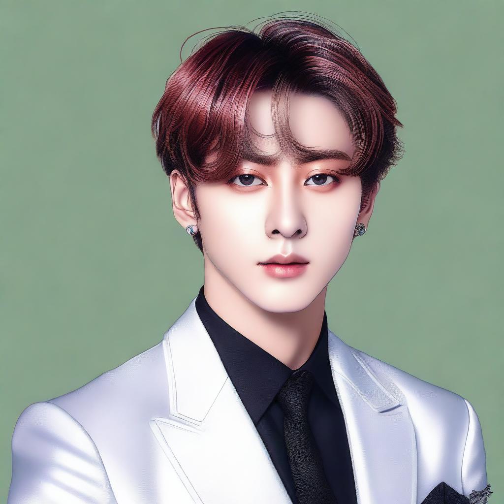 A realistic portrait of Jungkook, a member of BTS, with detailed facial features and a stylish outfit