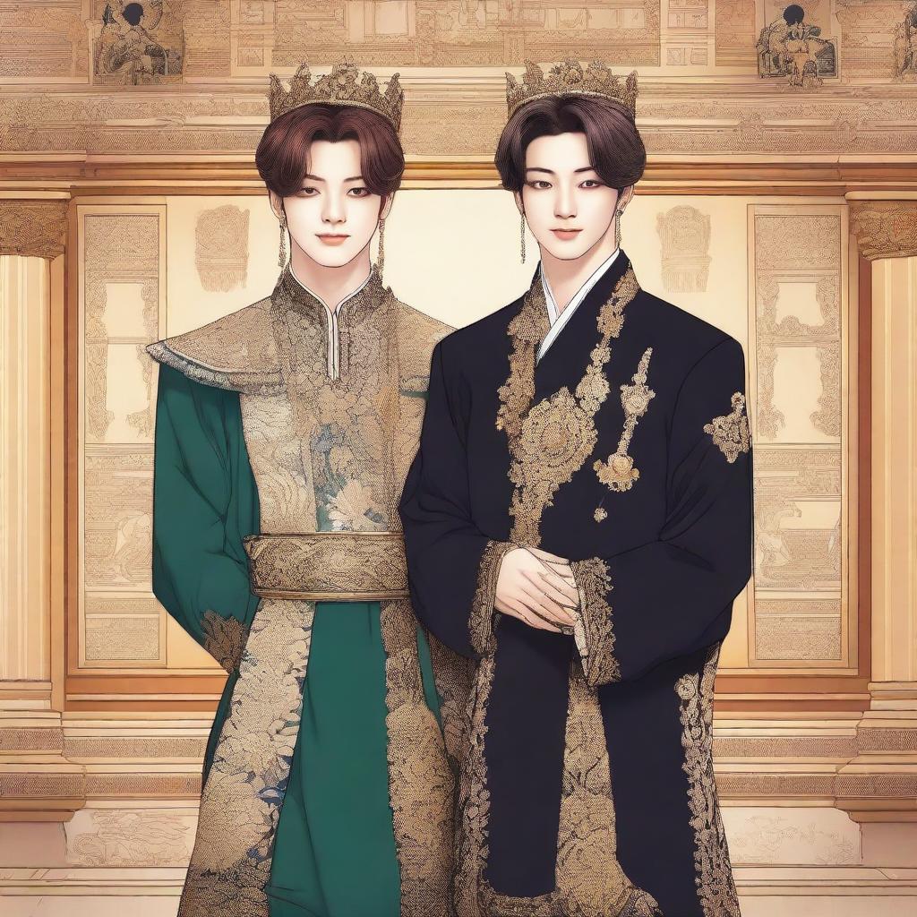 A detailed illustration featuring Jungkook from BTS as a king, standing next to Jimin, who is dressed as an idol