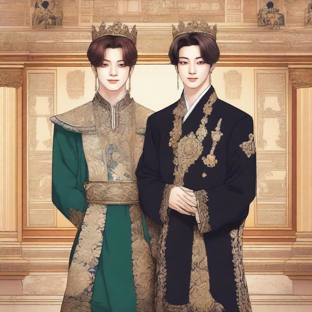 A detailed illustration featuring Jungkook from BTS as a king, standing next to Jimin, who is dressed as an idol