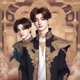 A detailed illustration featuring Jungkook from BTS as a king, standing next to Jimin, who is dressed as an idol