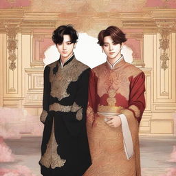 A detailed illustration featuring Jungkook from BTS as a king, standing next to Jimin, who is dressed as an idol