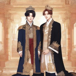 A detailed illustration featuring Jungkook from BTS as a king, standing next to Jimin, who is dressed as an idol