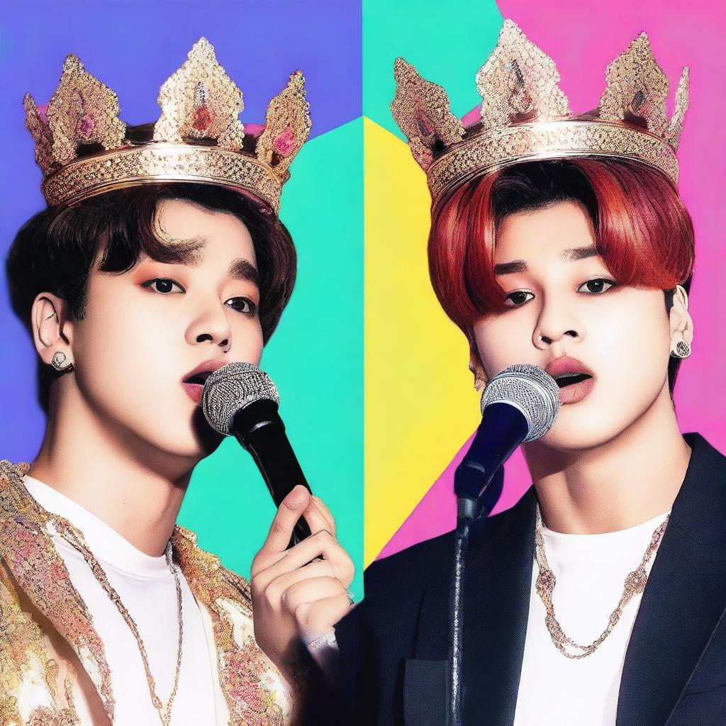 Create an image featuring Jungkook from BTS wearing a crown and Jimin from BTS without a crown, both holding microphones