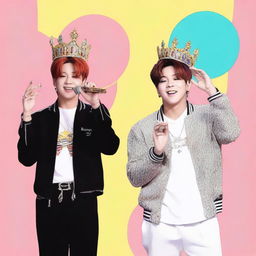 Create an image featuring Jungkook from BTS wearing a crown and Jimin from BTS without a crown, both holding microphones