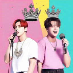 Create an image featuring Jungkook from BTS wearing a crown and Jimin from BTS without a crown, both holding microphones