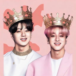 Create an image featuring Jungkook from BTS wearing a crown and Jimin from BTS without a crown, both holding microphones