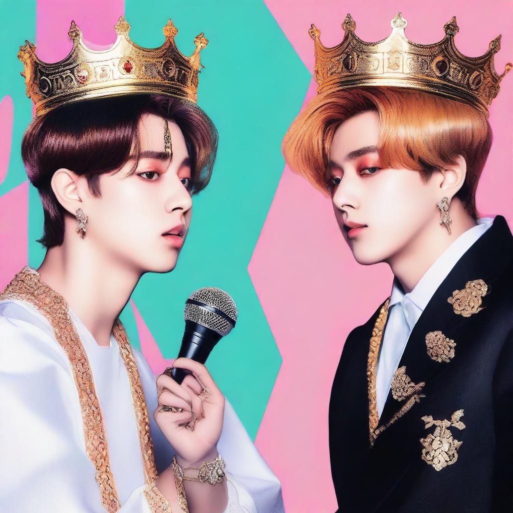 A detailed image featuring Jungkook wearing a crown and Jimin without a crown, holding a microphone