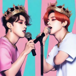 A detailed image featuring Jungkook wearing a crown and Jimin without a crown, holding a microphone