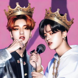 A detailed image featuring Jungkook wearing a crown and Jimin without a crown, holding a microphone