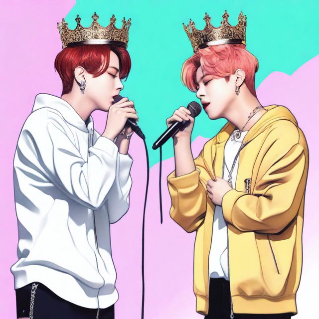 A detailed image featuring Jungkook wearing a crown and Jimin without a crown, holding a microphone