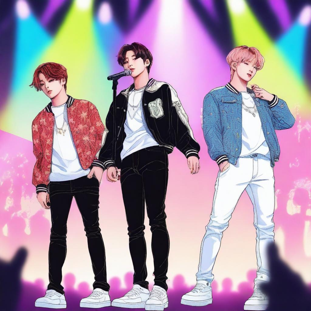 A detailed illustration featuring Jungkook, Rei, and Jimin as idols