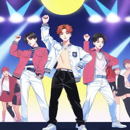 A detailed illustration featuring Jungkook, Rei, and Jimin as idols