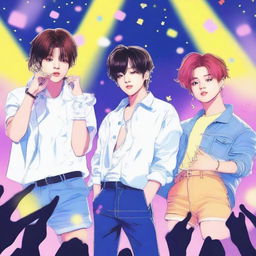 A detailed illustration featuring Jungkook, Rei, and Jimin as idols