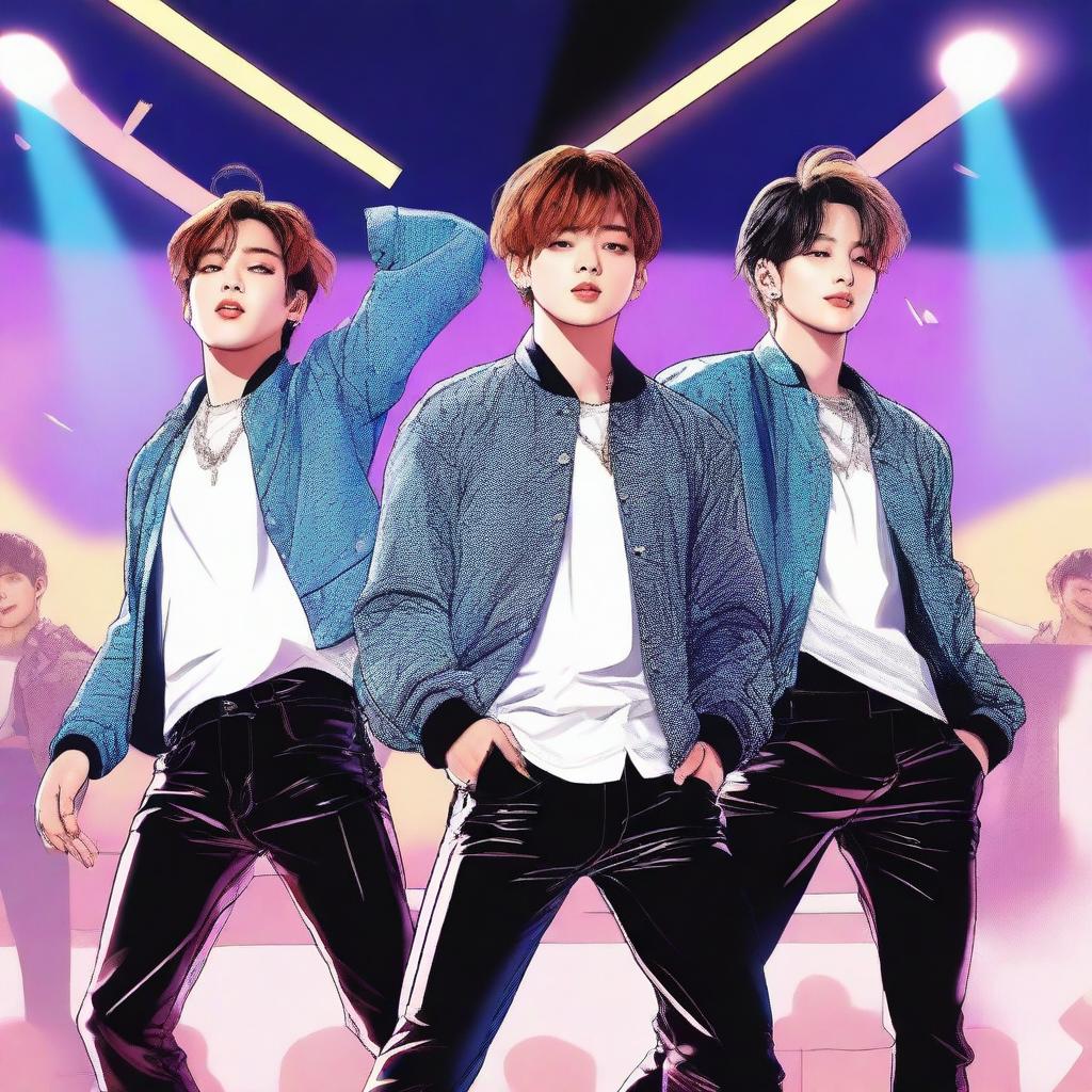 A detailed illustration featuring Jungkook, Rei, and Jimin as idols