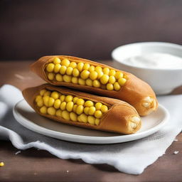 Create an image featuring corn inside a cannoli shell